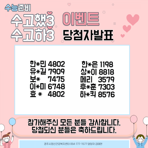 2021년 아동·청소년 마음건강 캠페인'수고 했삼(3), 수고 하삼(3) 당첨자 발표 .png